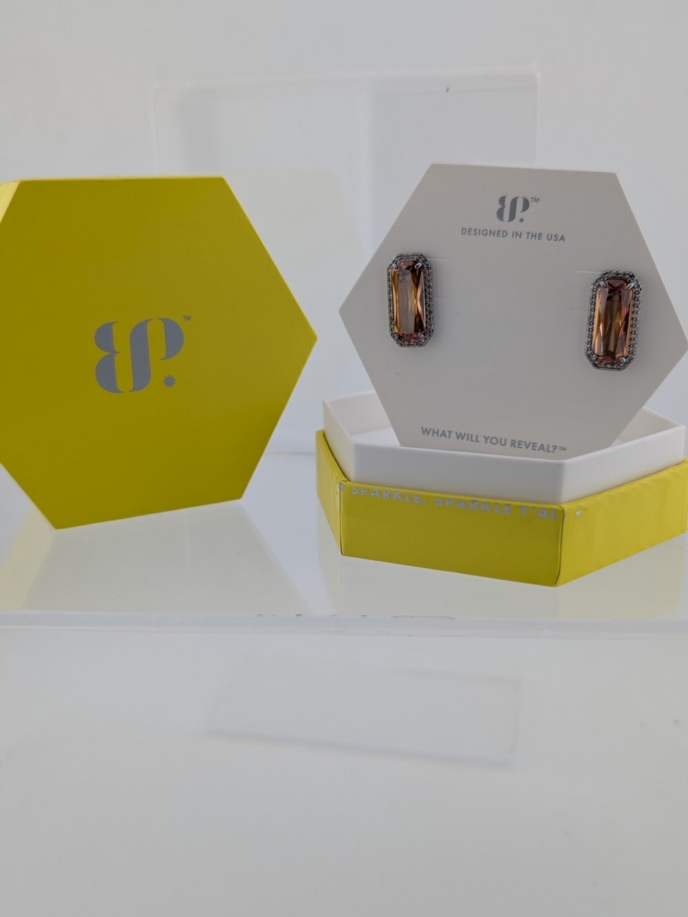 Rose Gold-Tone Rectangle Crystal Stud Earrings in Champagne